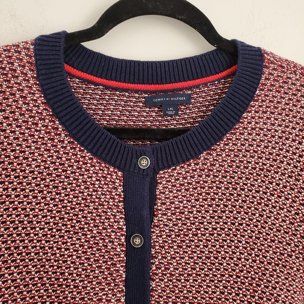 Tommy Hilfiger L 100% Cotton Knit Cardigan Sweater Nautical Stripe Red Navy Gold - Picture 6 of 12